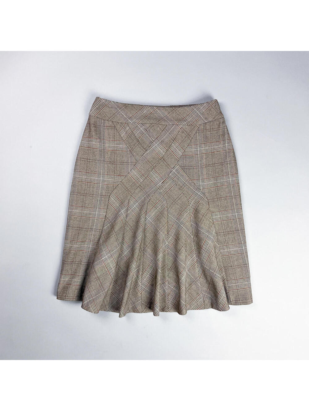 Y2K Plaid Flared Skirt in Beige Brown Tones, Knee Length